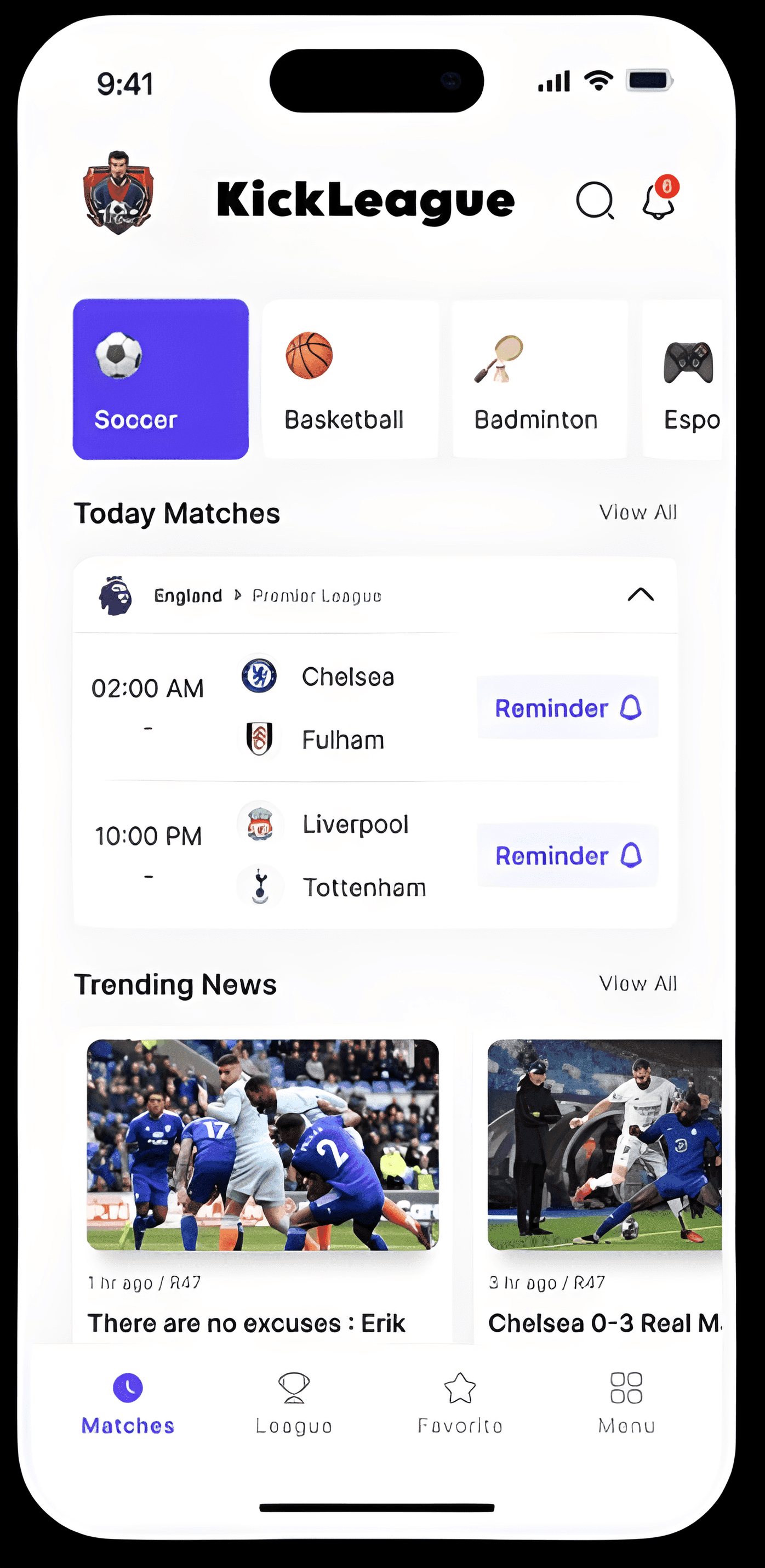 Main Page with Upcoming Matches